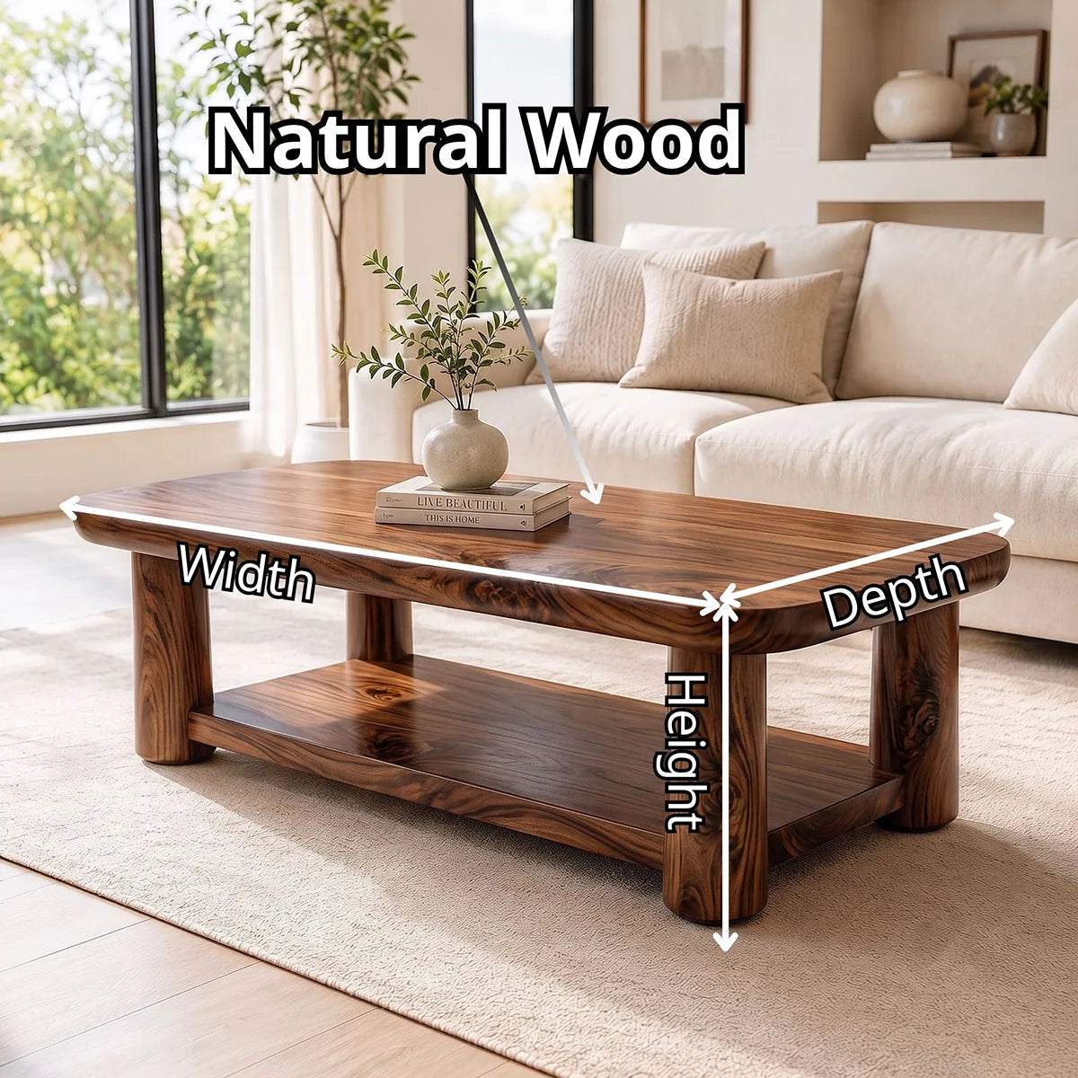 Solid Wood Coffee Table with Storage Shelf | Rustic Modern Living Room Center Table TT006-2808