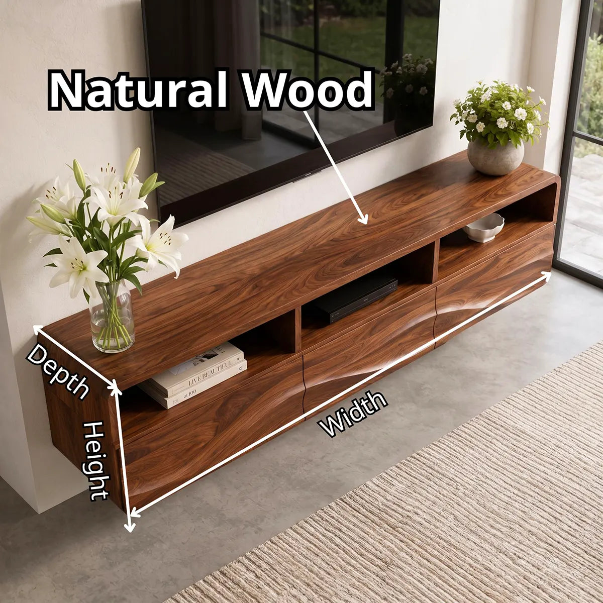 Organic Modern Floating TV Stand with Open Shelving & Three Drawers TT006-8JIK6GK