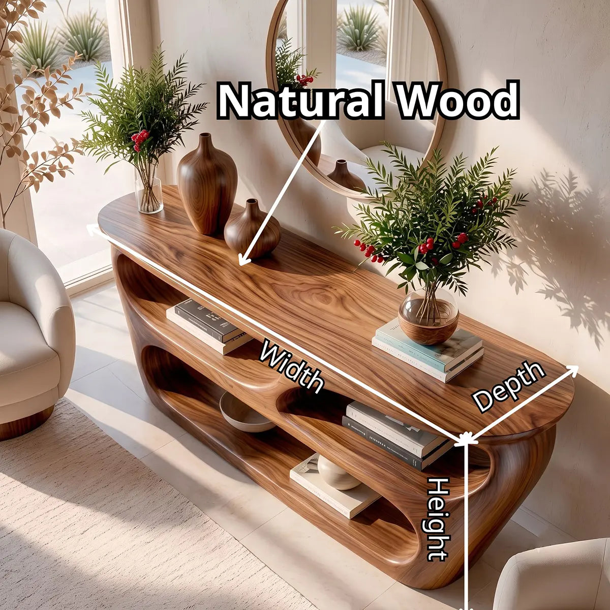 Modern Wooden Console Table with Open Shelves & Sculptural Organic Design TT006-5635