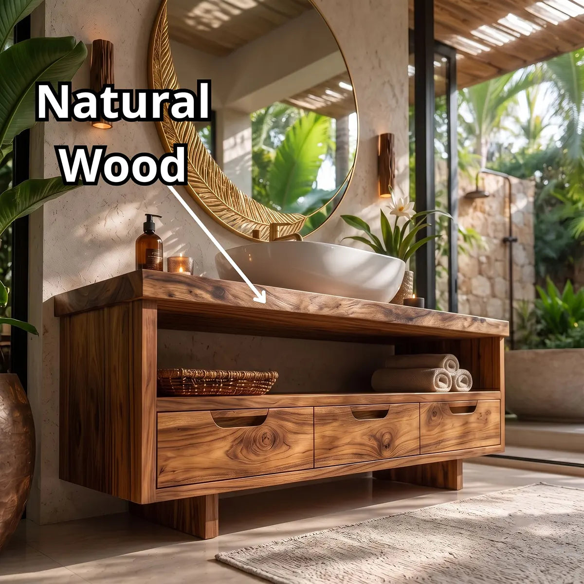 Freestanding Solid Wood Bathroom Vanity | Live Edge Wood Vanity with Open Shelf & Three Drawers TT006-2MDA2PI