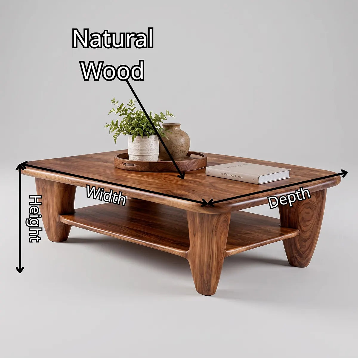 Rounded Rectangle Solid Wood Coffee Table with Storage Shelf | Modern Living Room Center Table TT006-3905