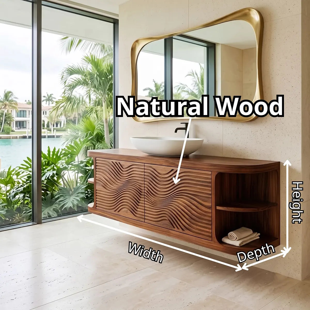 Floating Solid Wood Bathroom Vanity with Double-Door Cabinet & Open Shelves | Wall Mounted Bathroom Vanity with Wave Carved Doors TT006-3MZX2XI
