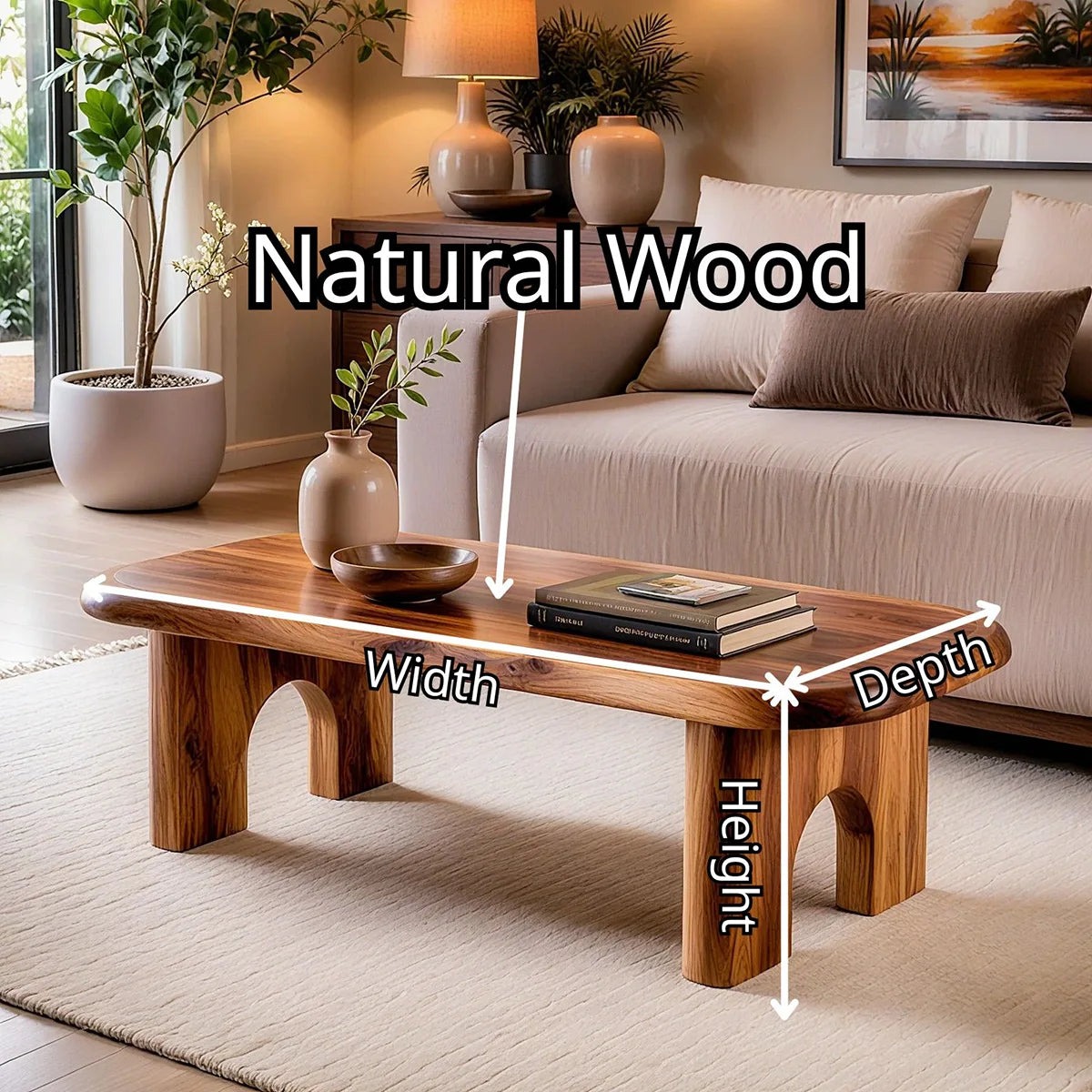 Rounded Rectangle Solid Wood Coffee Table | Modern Minimalist Center Table for Living Room TT006-3891