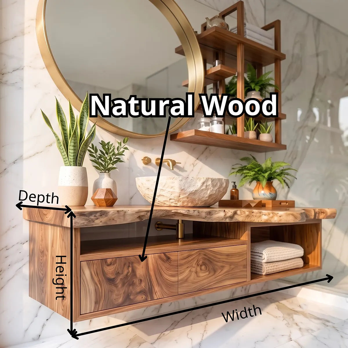 Live Edge Floating Bathroom Vanity with Drawers & Open Shelf | Solid Wood Wall Mounted Bathroom Vanity TT006-9VCQ2QP