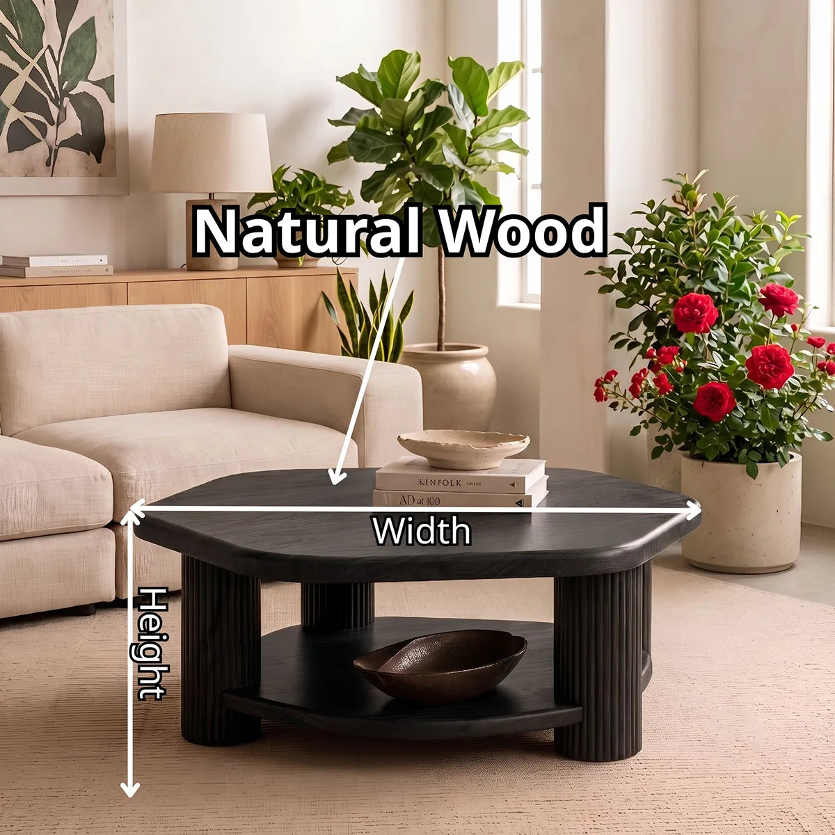 Organic Square Solid Wood Coffee Table with Storage Shelf | Modern Center Table for Living Room TT006-7481
