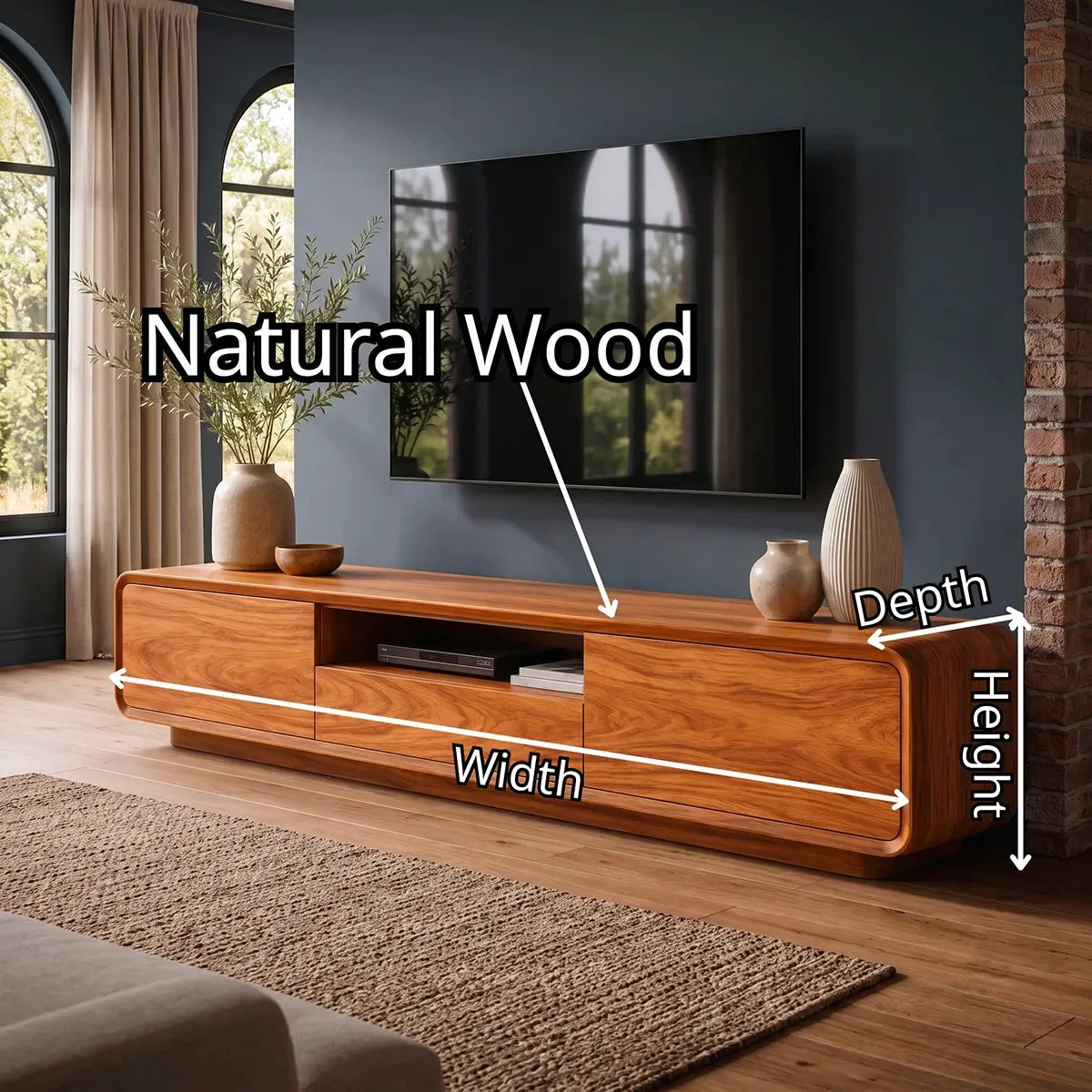 Modern Curved TV Stand with Drawer, Cabinet & Open Shelf | Low Profile Media Console