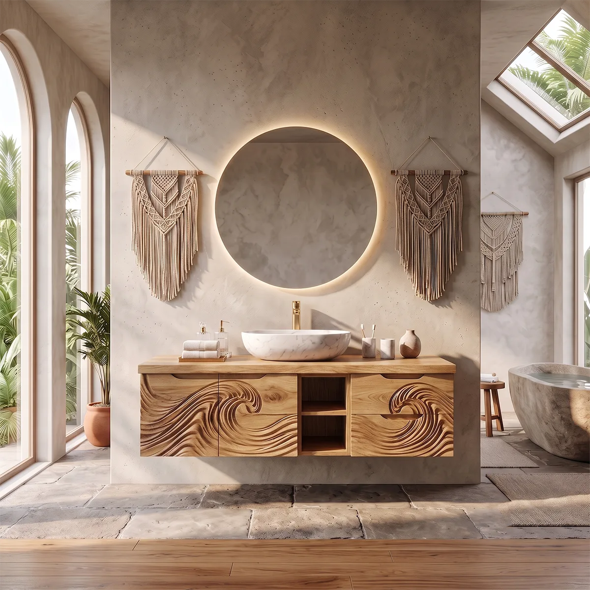 Modern Floating Bathroom Vanity with Wave Carved Cabinet, Open Shelf & Dual Drawers TH003-5MOV2YH
