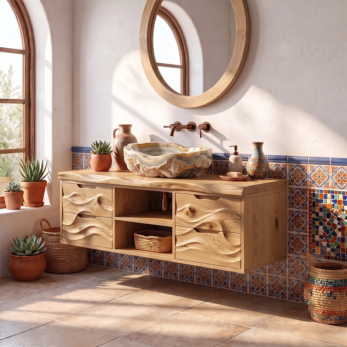 Organic Floating Bathroom Vanity with Cabinets, Open Shelves & Sculpted Wave Front TH003-7IJS3HC