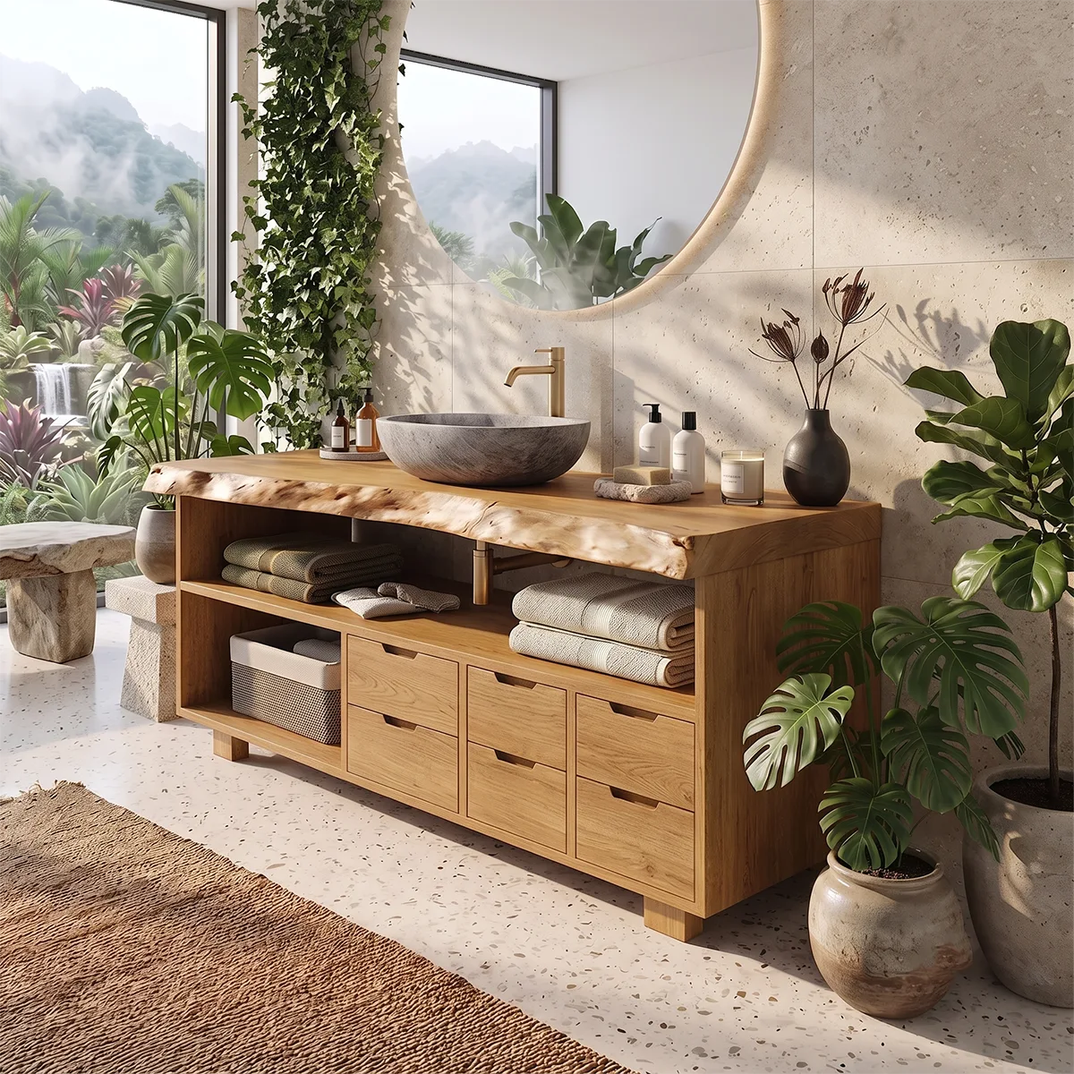 Live Edge Bathroom Vanity with Open Shelving & Multi-Drawer Storage TH003-9EZH8IM