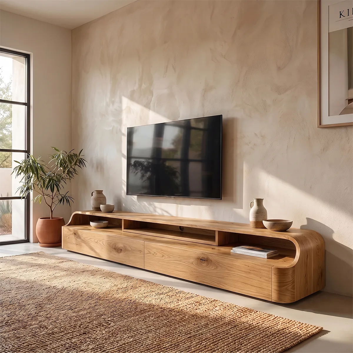 Modern Low Profile TV Stand with 2 Drawers & Open Media Shelves
