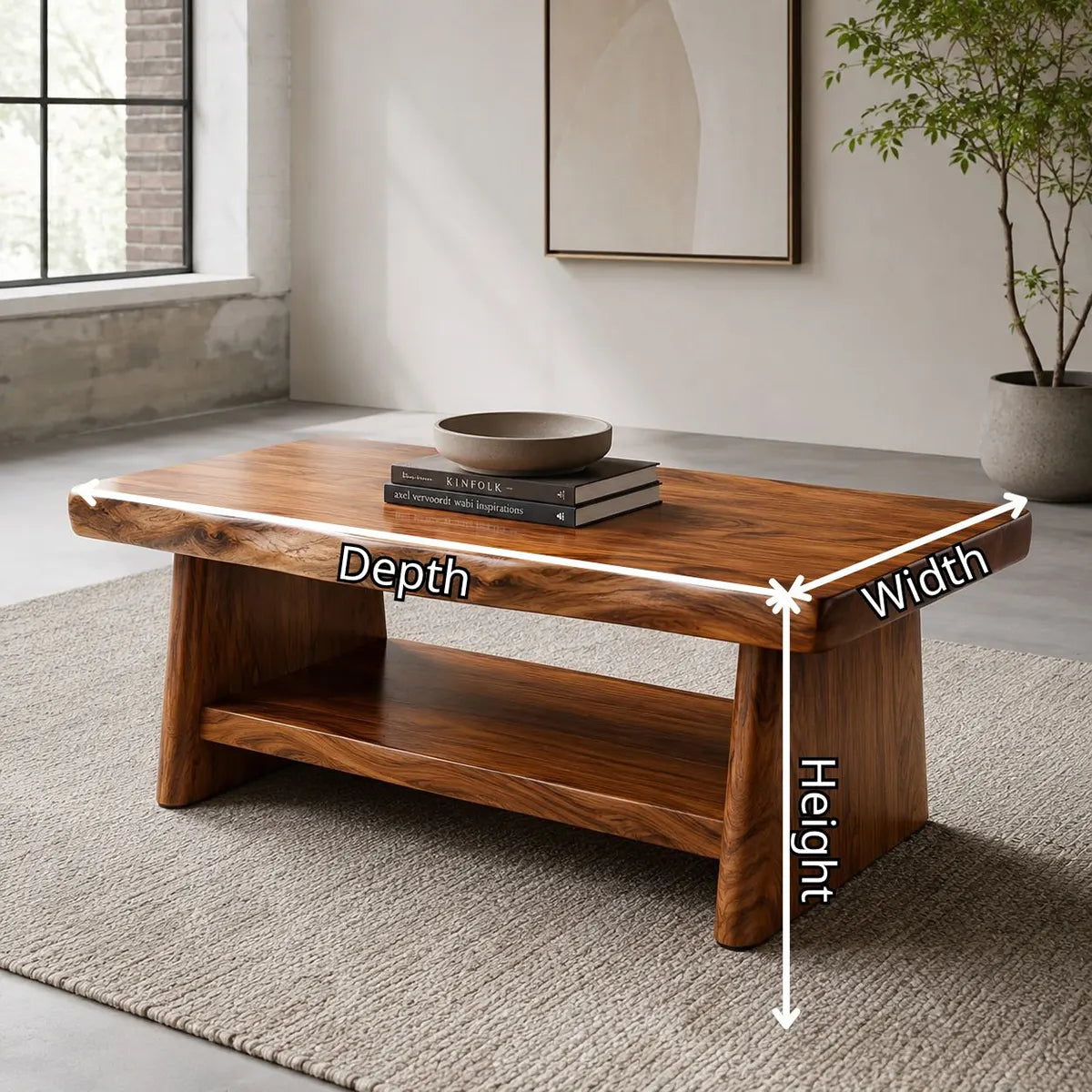 Solid Wood Coffee Table with Storage Shelf | Rustic Modern Living Room Center Table TT006-5599