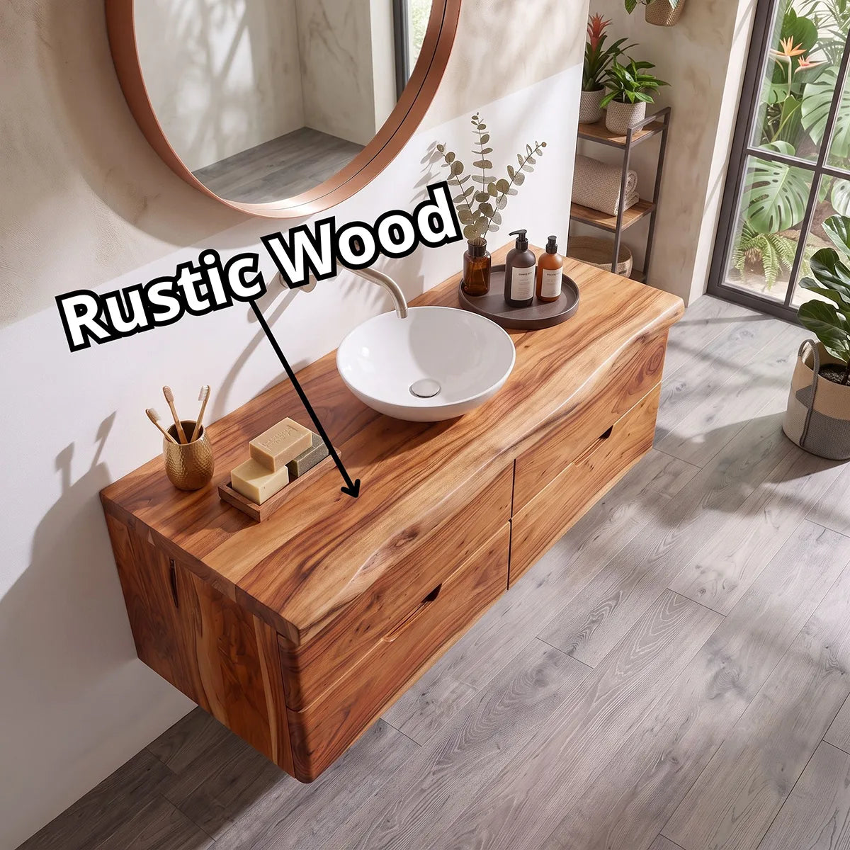 Floating Solid Wood Bathroom Vanity | Modern Wall Mounted Single Sink Vanity with 4 Drawers TT006-3LLJ4UM