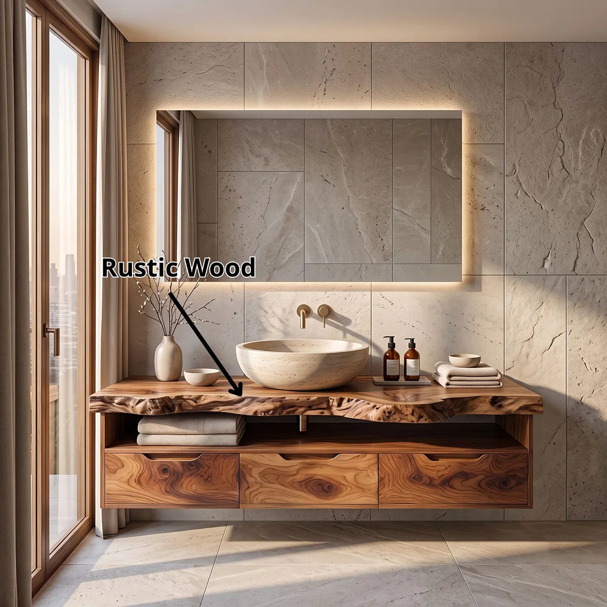 Organic Live Edge Floating Bathroom Vanity with Open Shelf & Drawers TH003-7JMQ3EG