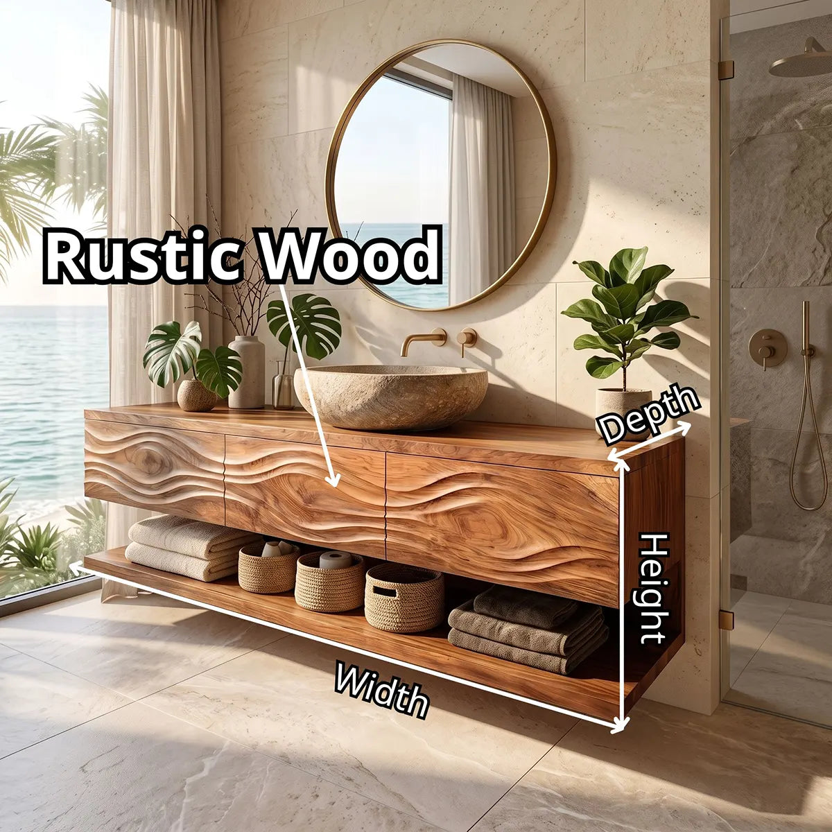 Floating Bathroom Vanity with 3 Drawers & Full-Length Open Shelf | Sculptural Wave Front Design