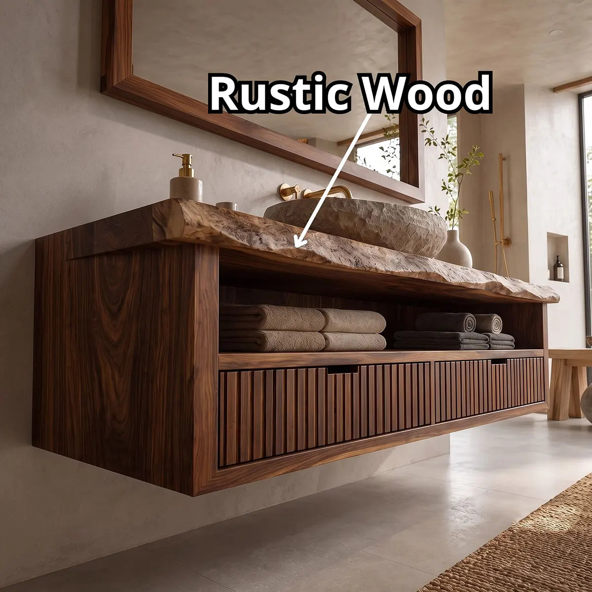 Floating Solid Wood Bathroom Vanity | Live Edge Bathroom Vanity with Fluted Drawers and Open Shelf TT006-8ZMT8QZ
