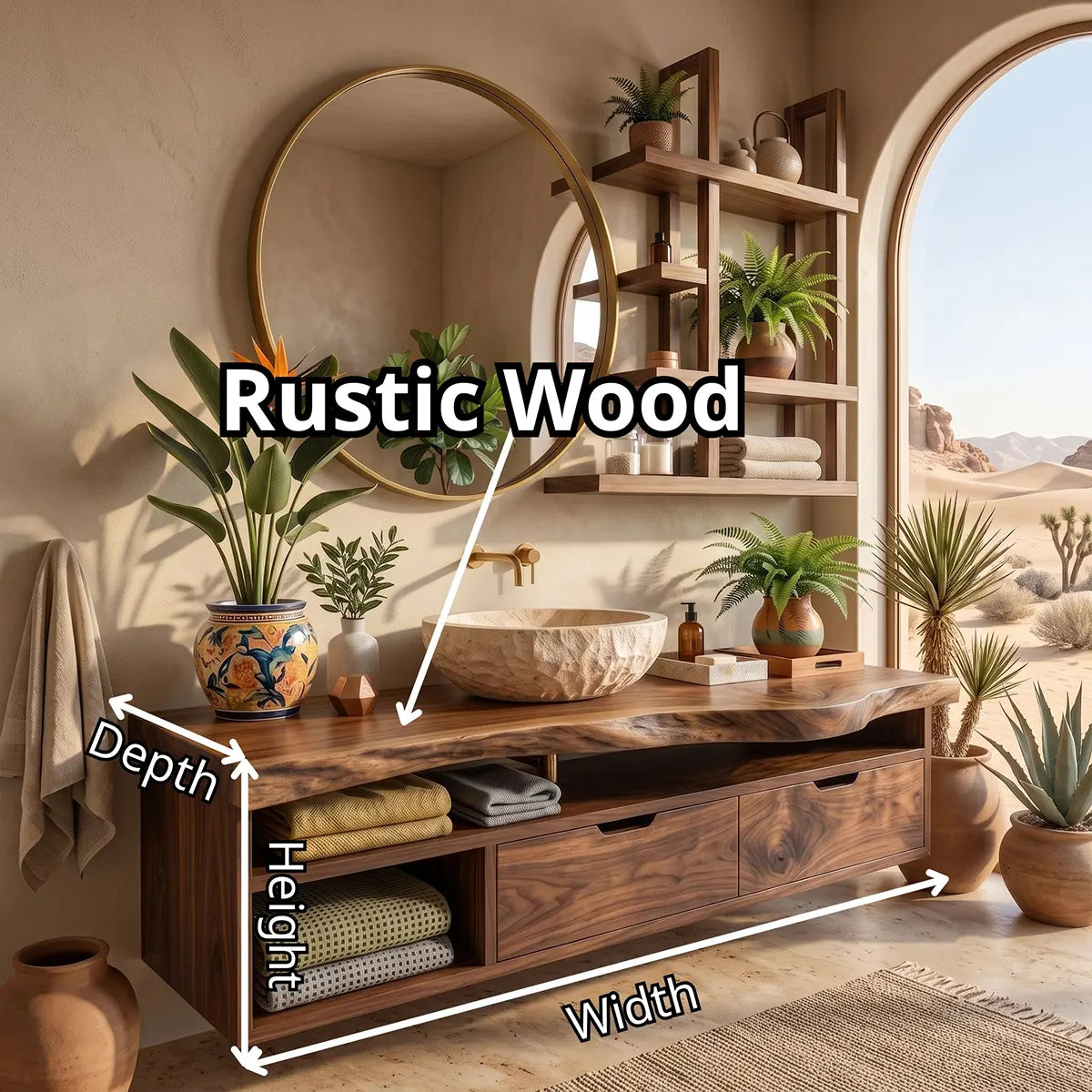 Floating Solid Wood Bathroom Vanity with Drawers & Open Shelves | Wall Mounted Bathroom Vanity with Live Edge Countertop TT006-8CNN1NN