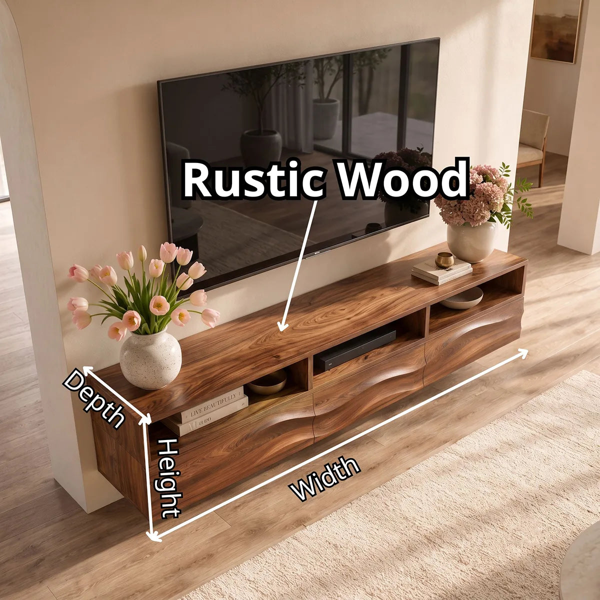 Floating TV Stand with Open Shelving & Three Drawers | Organic Modern Media Console TT006-5IOW6DK