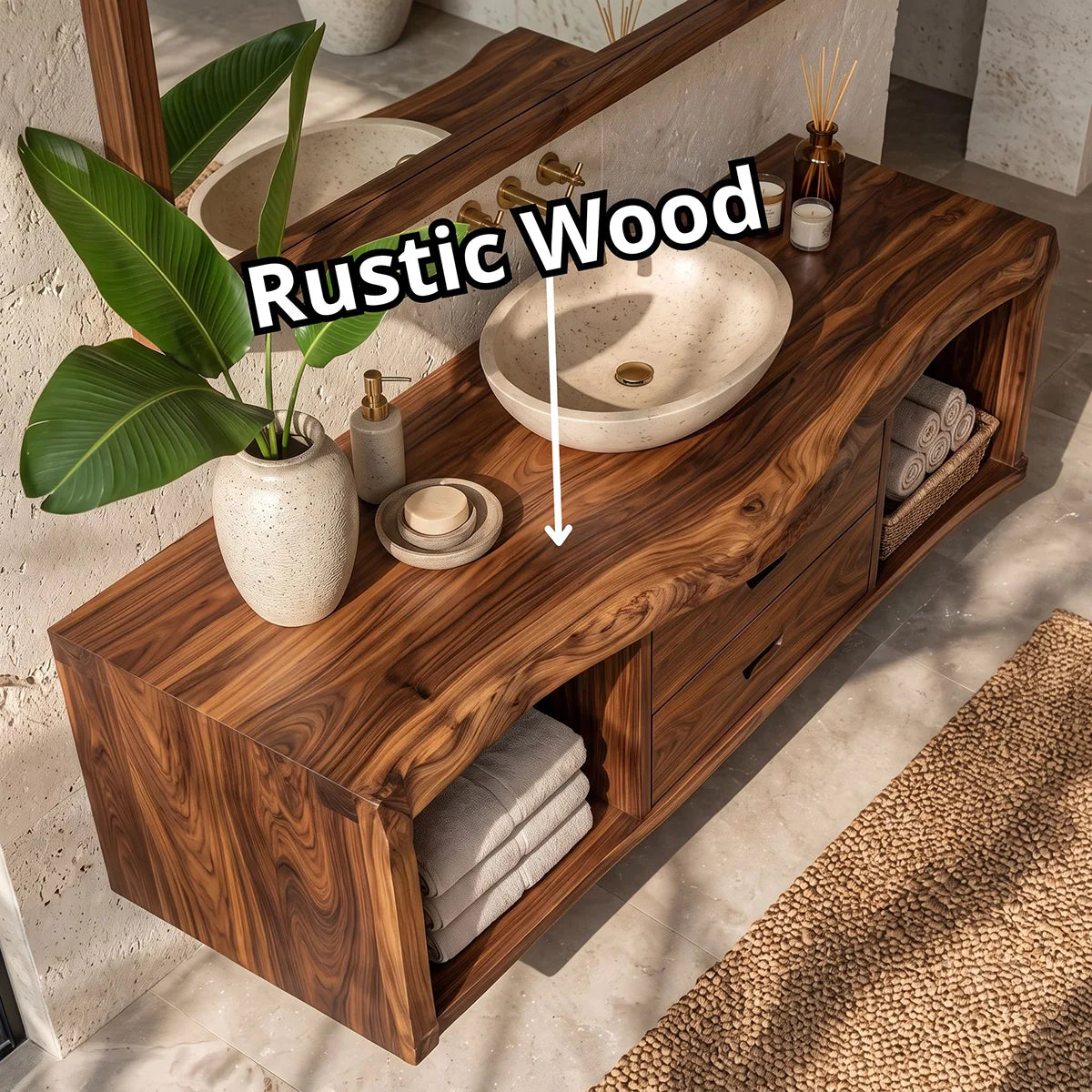 Floating Solid Wood Bathroom Vanity | Live Edge Bathroom Vanity with Double Drawers and Open Storage Shelves TT006-2IAU5HX