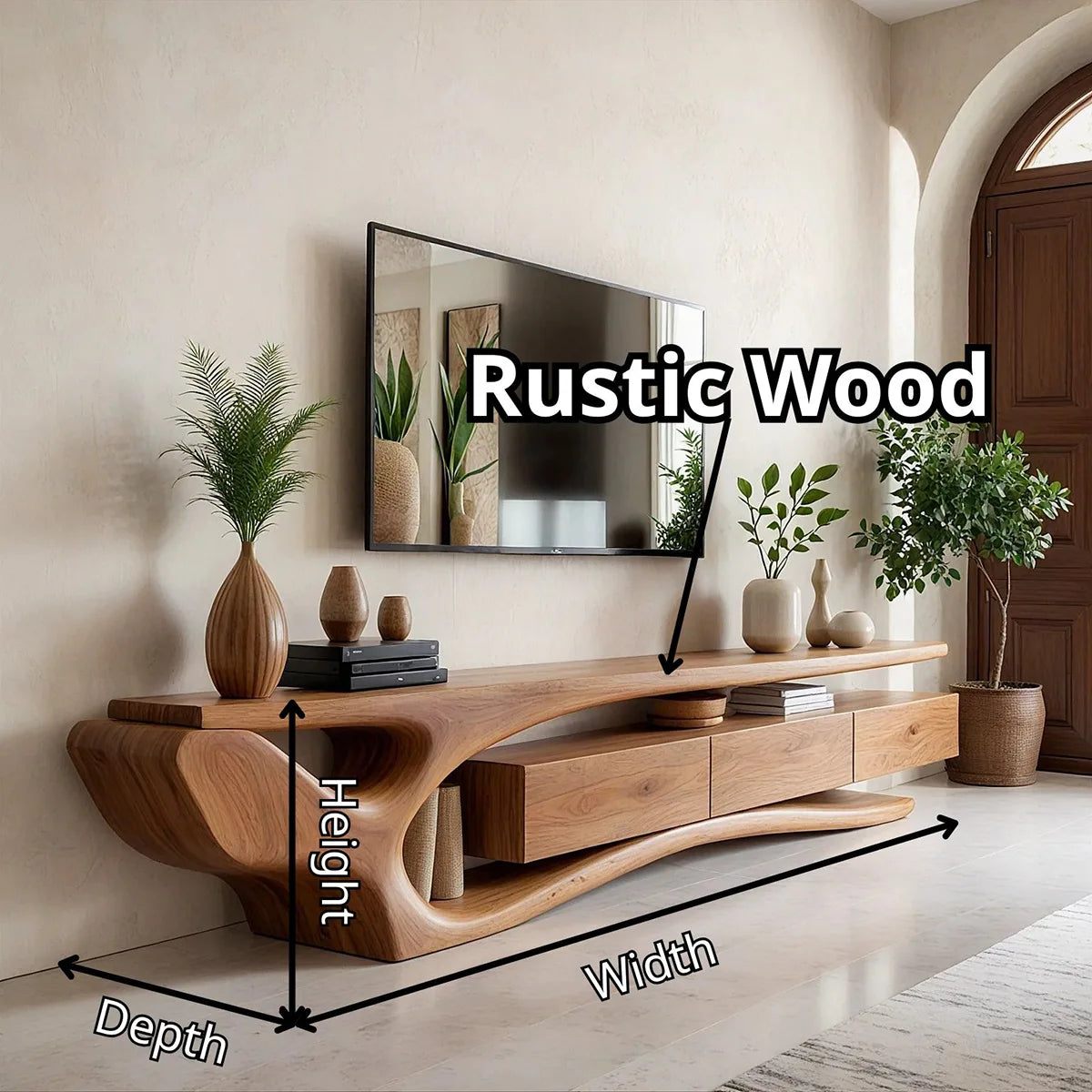 Modern Organic TV Stand with Sculptural Wave Frame & Three Drawer Storage TT006-9XJR2WM