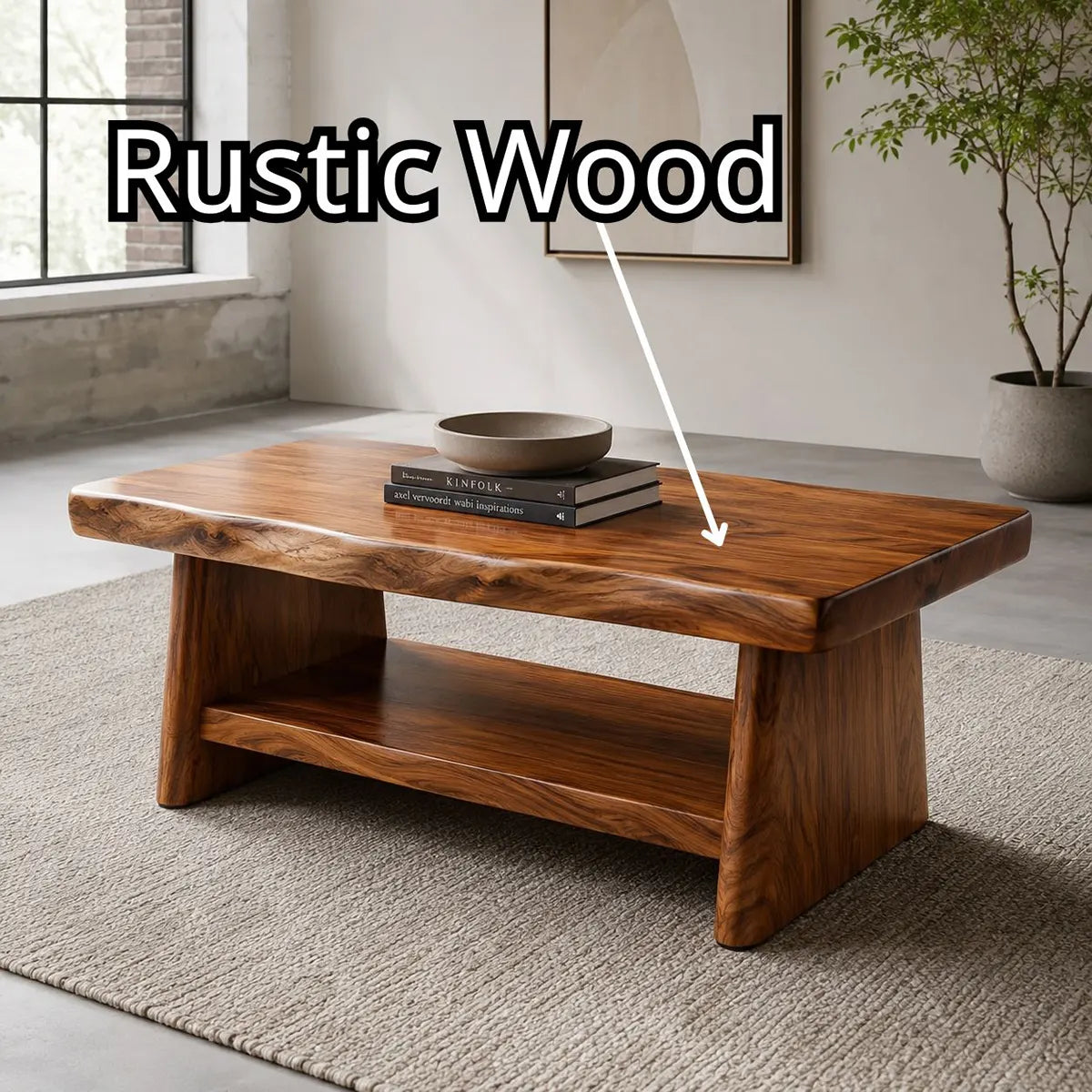 Solid Wood Coffee Table with Storage Shelf | Rustic Modern Living Room Center Table TT006-5599