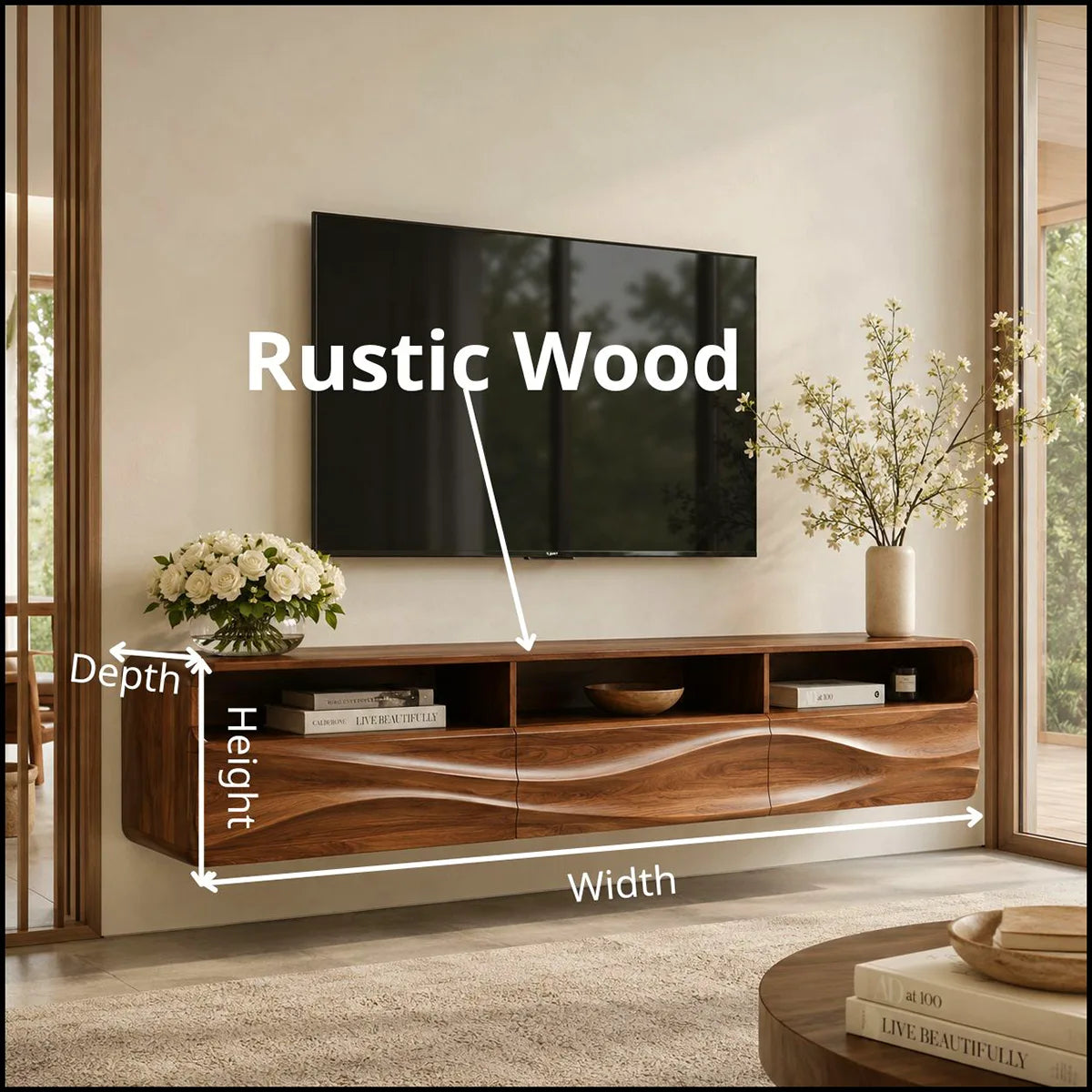 Floating TV Stand with Open Shelving & Three Drawers | Organic Modern TV Console TT006-5STK9KO