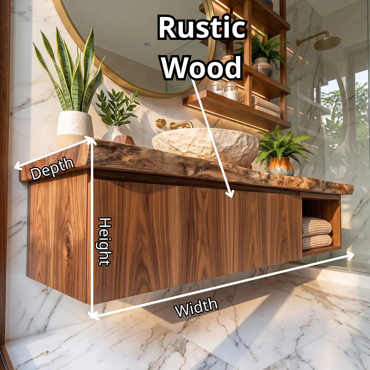Floating Solid Wood Bathroom Vanity with Double-Door Cabinet & Open Shelf | Wall Mounted Live Edge Bathroom Vanity TT006-4KRU4XR