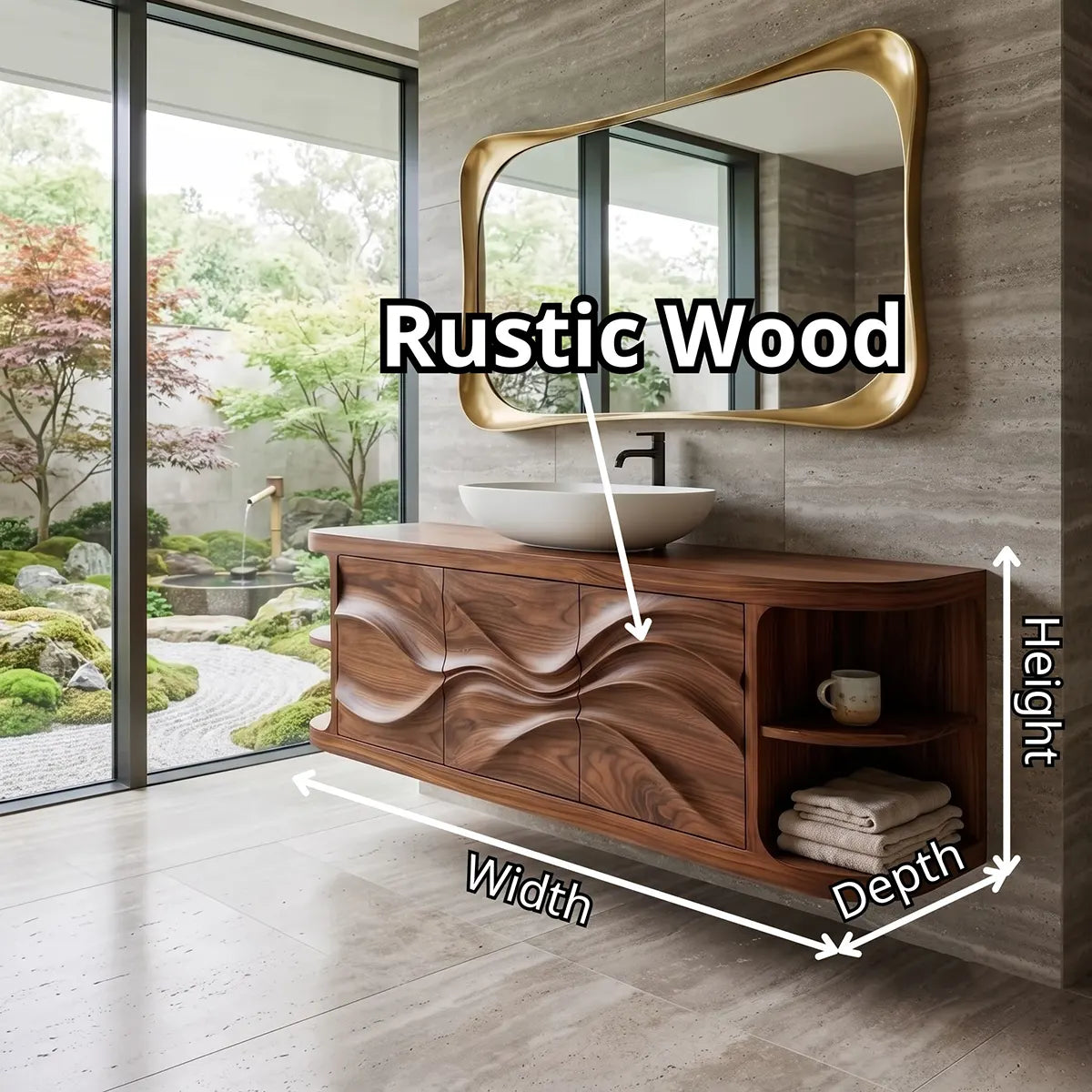 Modern Floating Bathroom Vanity with Wave Carved Doors & Open Shelves | Solid Wood Wall Mounted Bathroom Vanity TT006-8NEC3KF