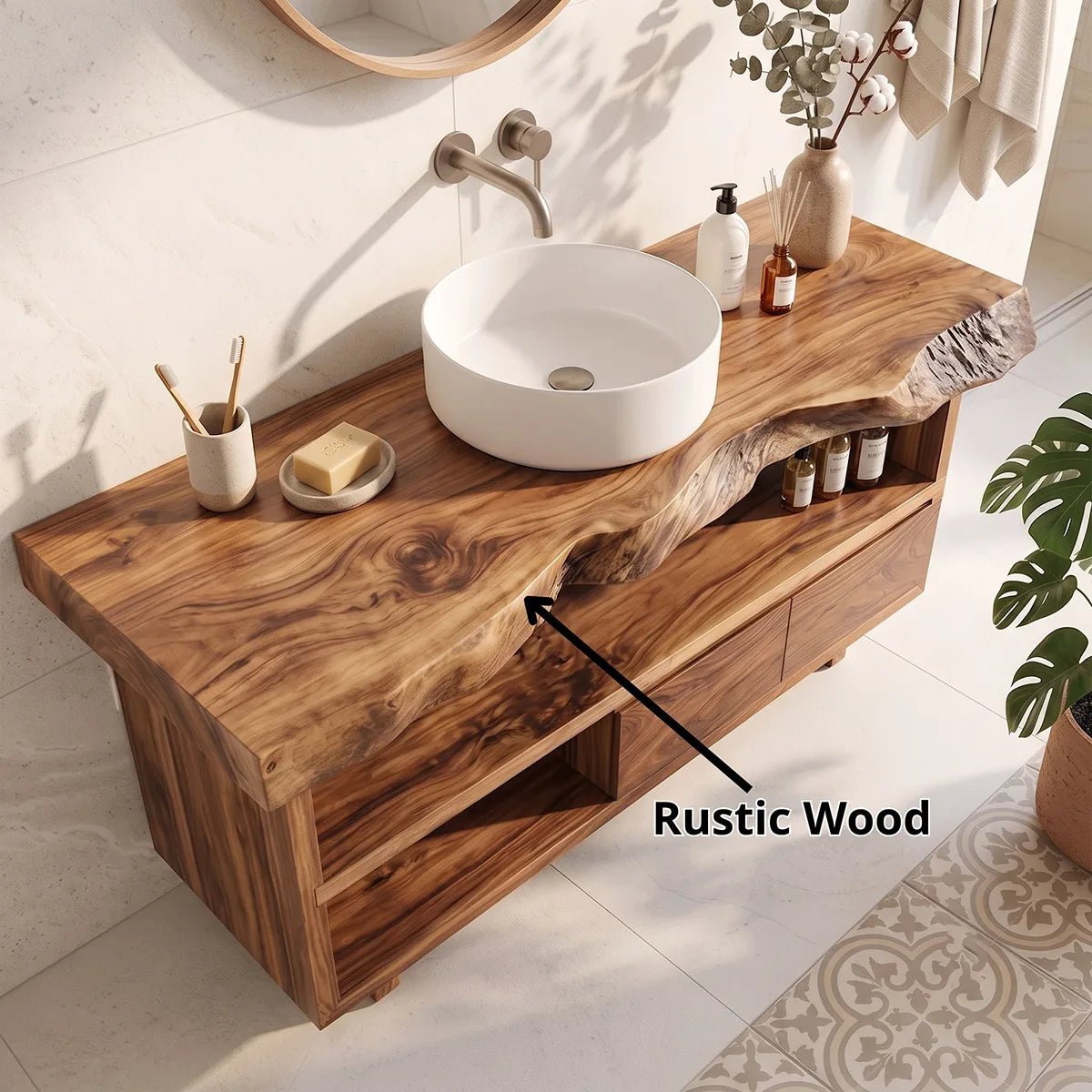 Live Edge Bathroom Vanity with Open Shelf & Drawers | Modern Organic Bathroom Cabinet
