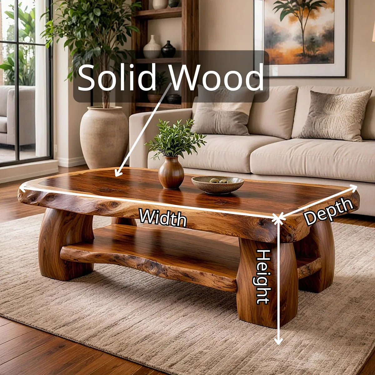 Live Edge Solid Wood Coffee Table with Storage Shelf | Rustic Modern Living Room Table TT006-3814