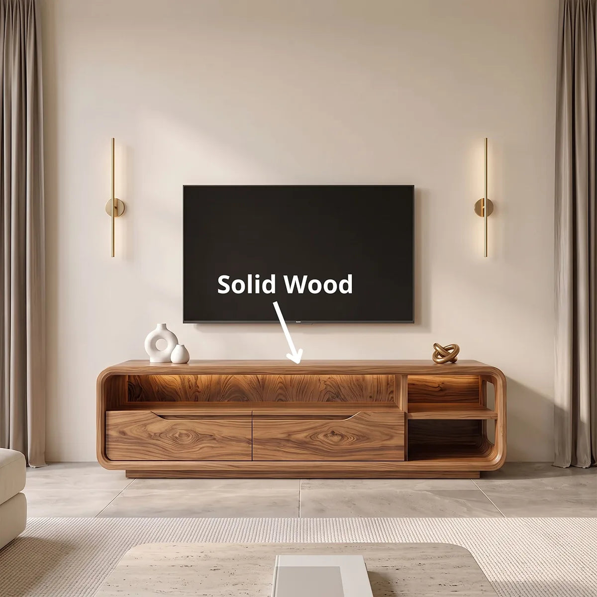 Curved TV Stand with 2 Drawers & Open Shelves | Modern Media Console TH003-5KNE4OQ