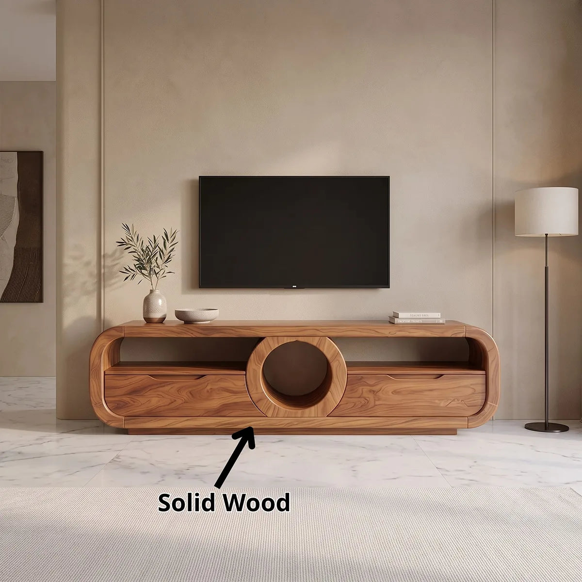 Modern TV Stand with Circular Shelf & Drawers | Sculptural Media Console TH003-7HDN2FQ