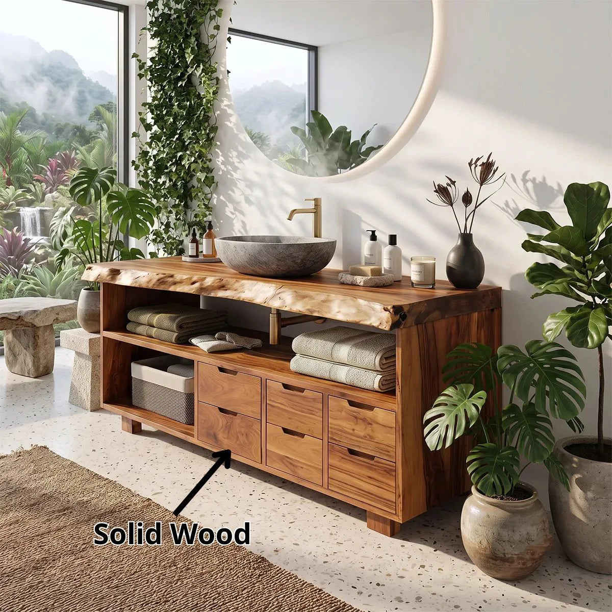 Live Edge Bathroom Vanity with Open Shelving & Multi-Drawer Storage TH003-9EZH8IM