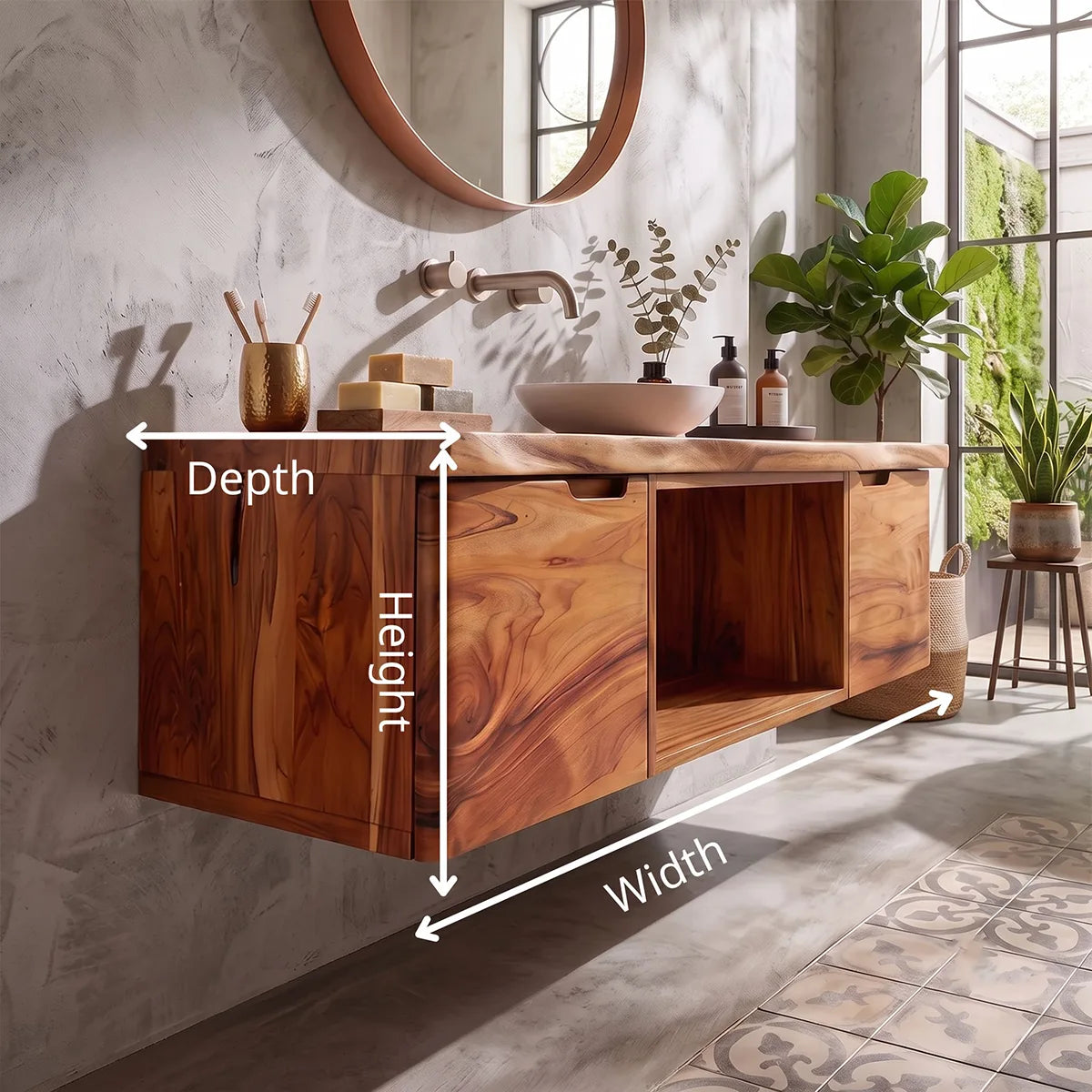 Floating Solid Wood Bathroom Vanity | Live Edge Bathroom Vanity with Double Door Storage and Open Shelf TT006-5OZQ9AW