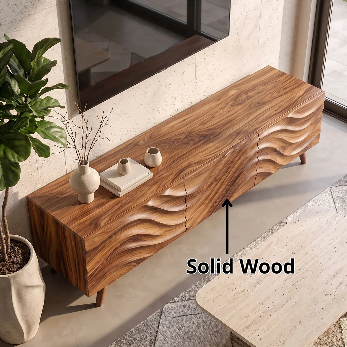 Modern Wave Front TV Stand with Dual Cabinets & Center Drawer | Contemporary Media Console TH003-9IBA7YN
