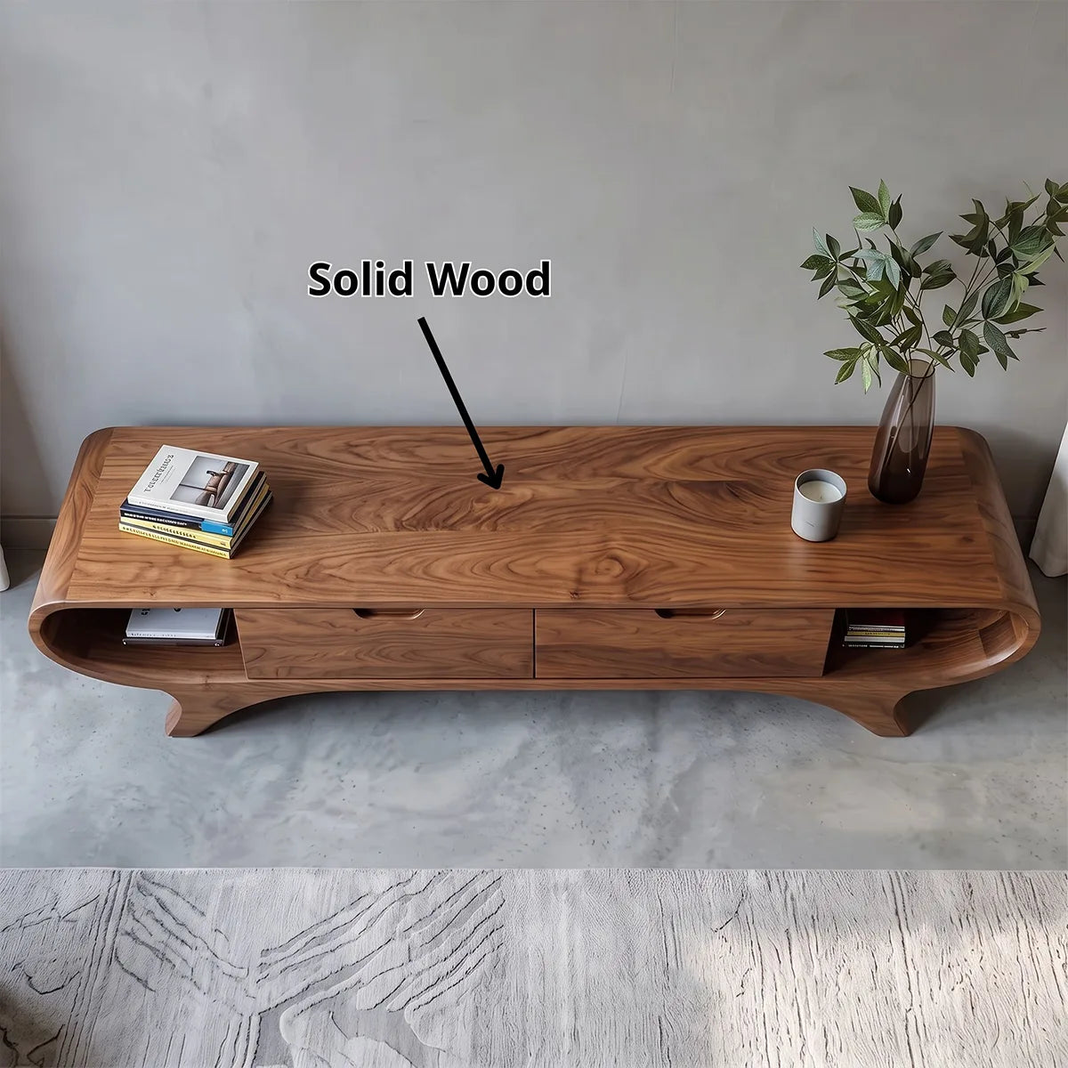 Modern Curved TV Stand with 2 Drawers & Open Side Shelves | Low Profile Media Console