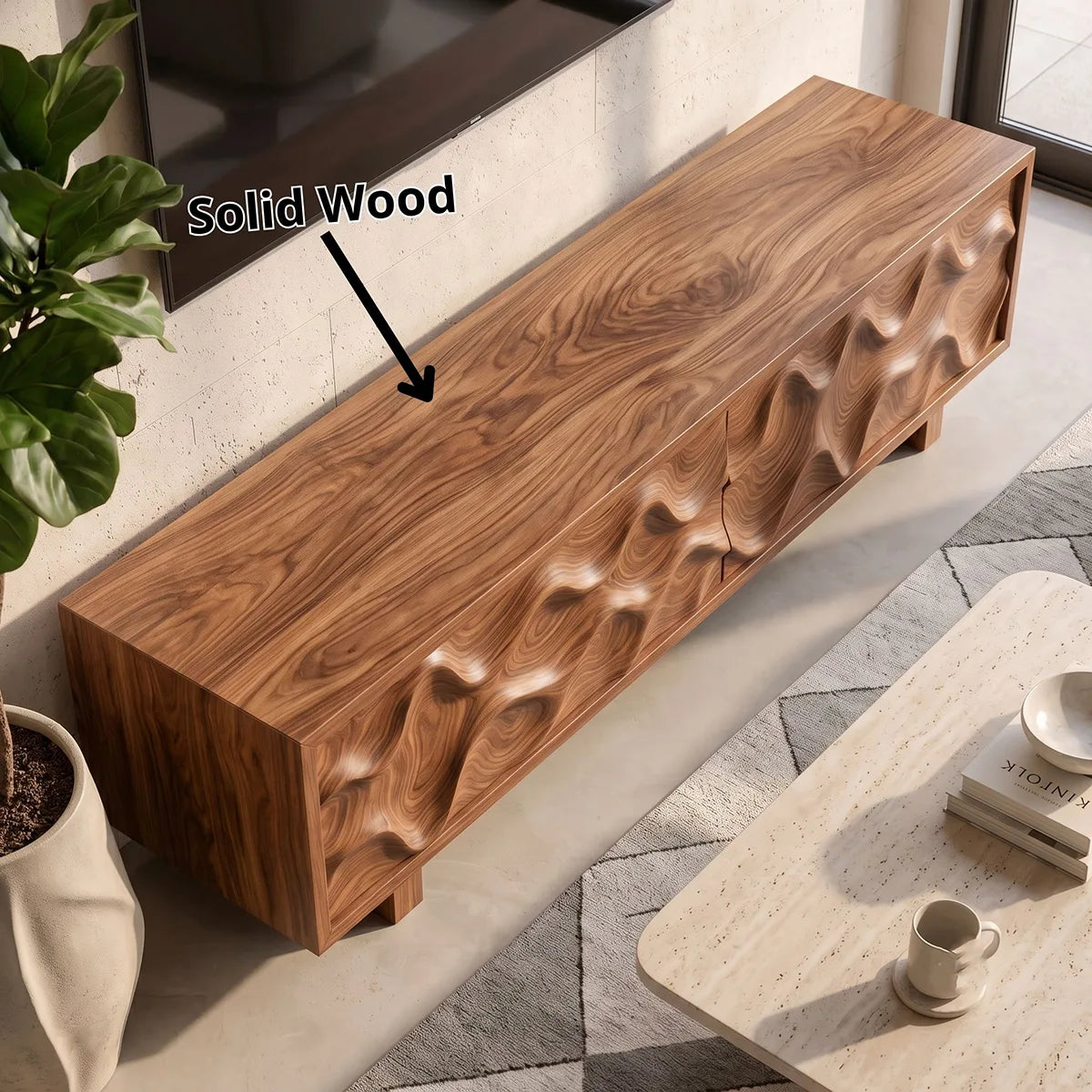 Wave Carved TV Stand with 2 Cabinets | Sculptural Media Console TH003-1TEX5BM