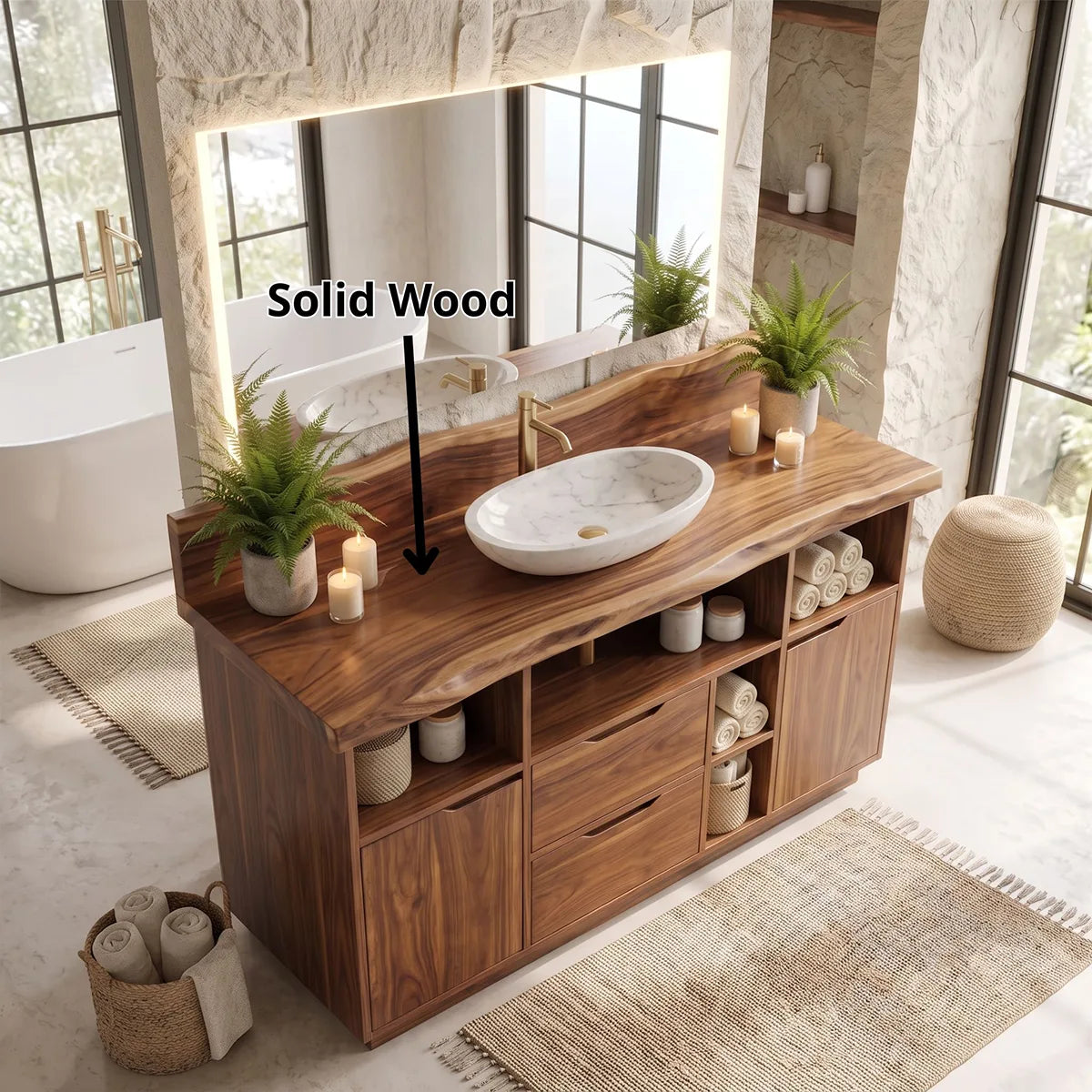 Freestanding Live Edge Bathroom Vanity with Drawers, Cabinets & Open Storage | Modern Wood Vanity