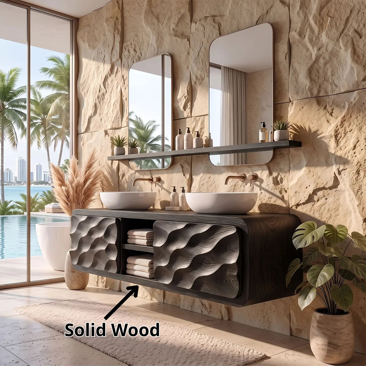 Modern Floating Bathroom Vanity with Wave Carved Doors & Center Open Shelves TH003-3UED6AZ