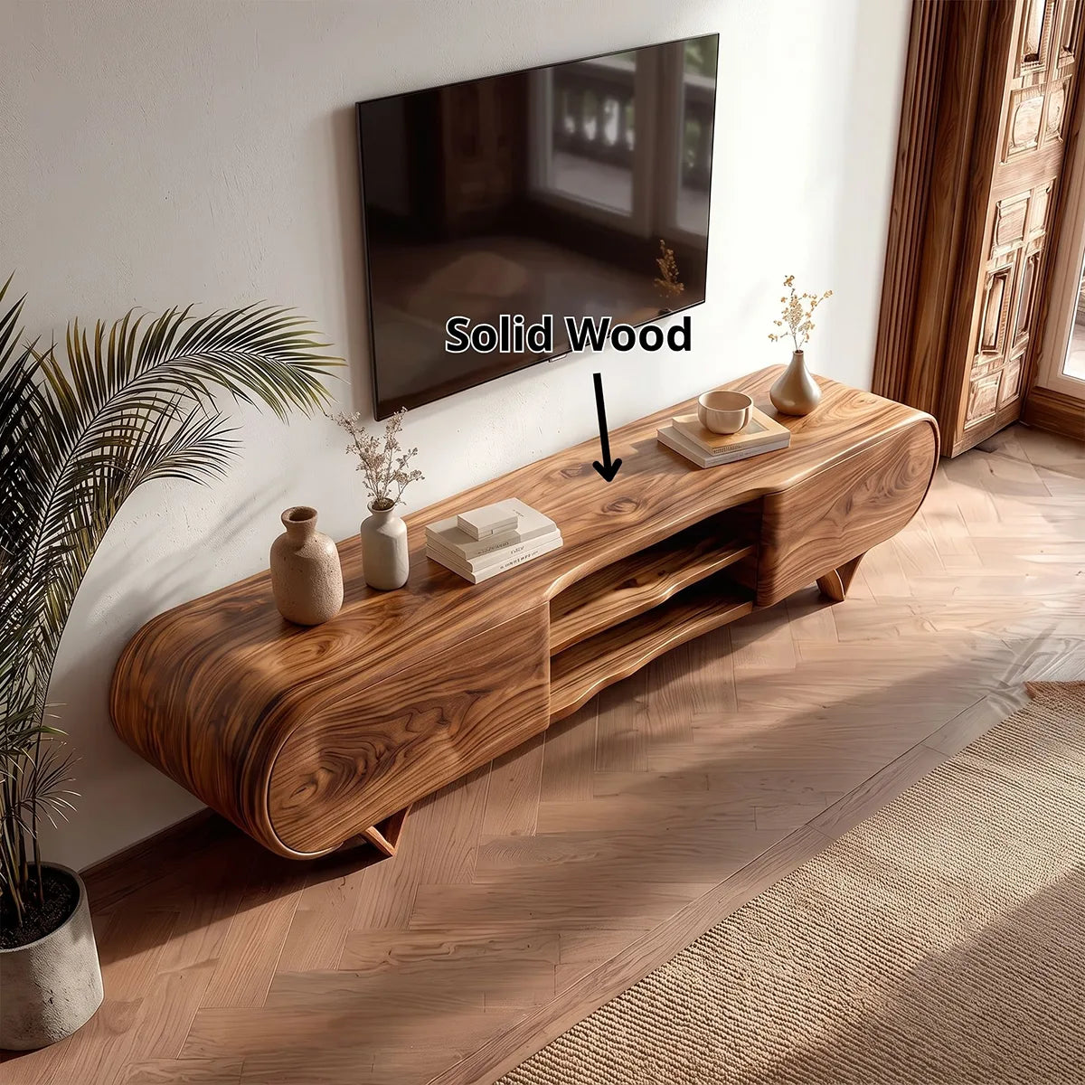 Curved 2-Door TV Stand with Open Shelves | Sculptural Modern Media Console