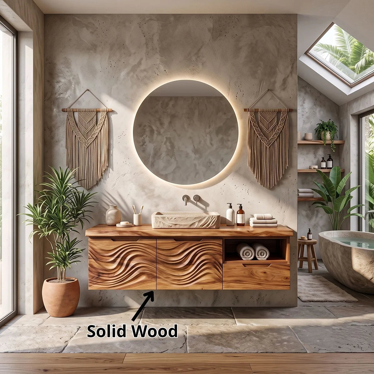 Modern Floating Bathroom Vanity with Wave Carved Cabinet, Open Shelf & Storage Drawer TH003-1MBE1JF