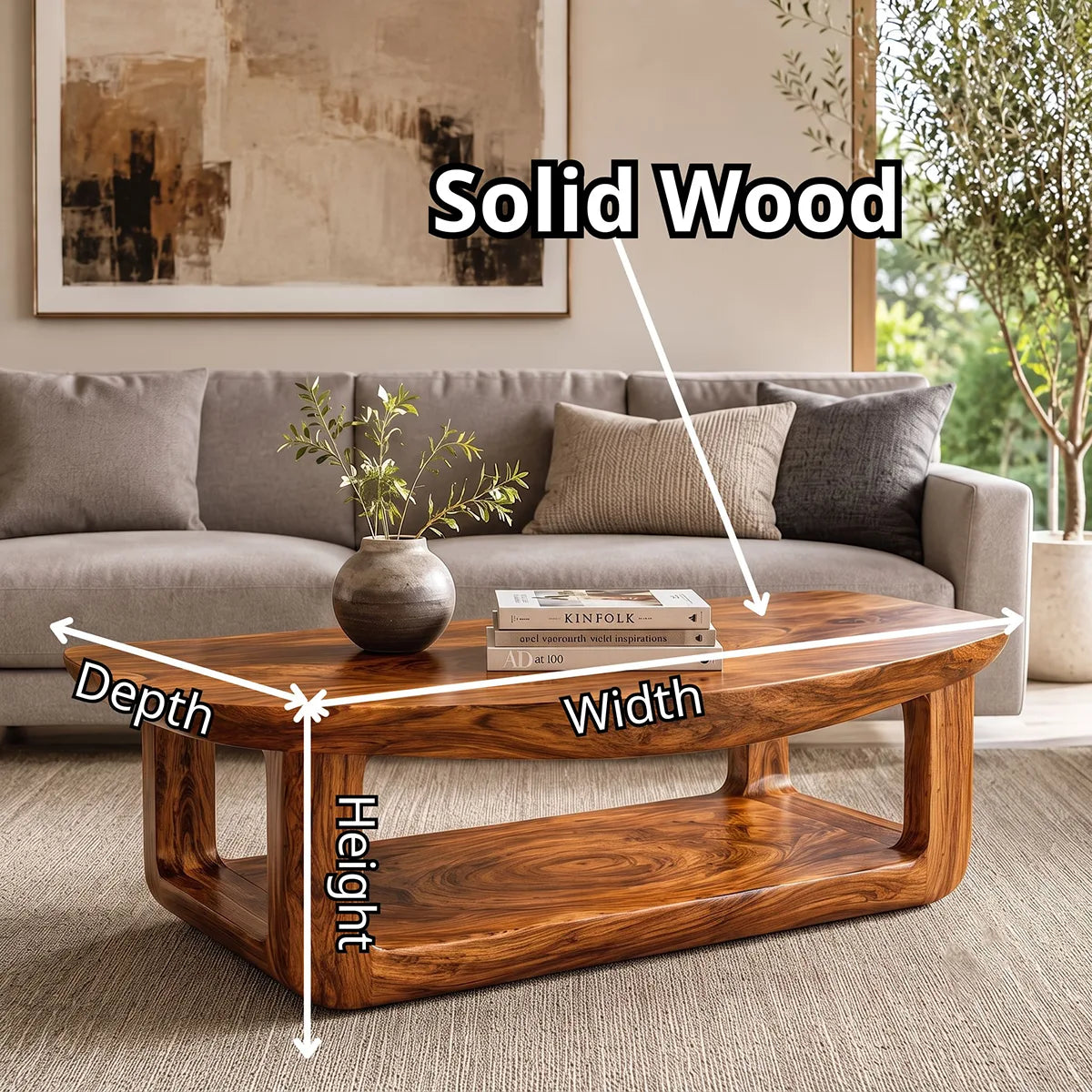 Solid Wood Coffee Table with Open Shelf | Organic Modern Living Room Center Table TT006-8208