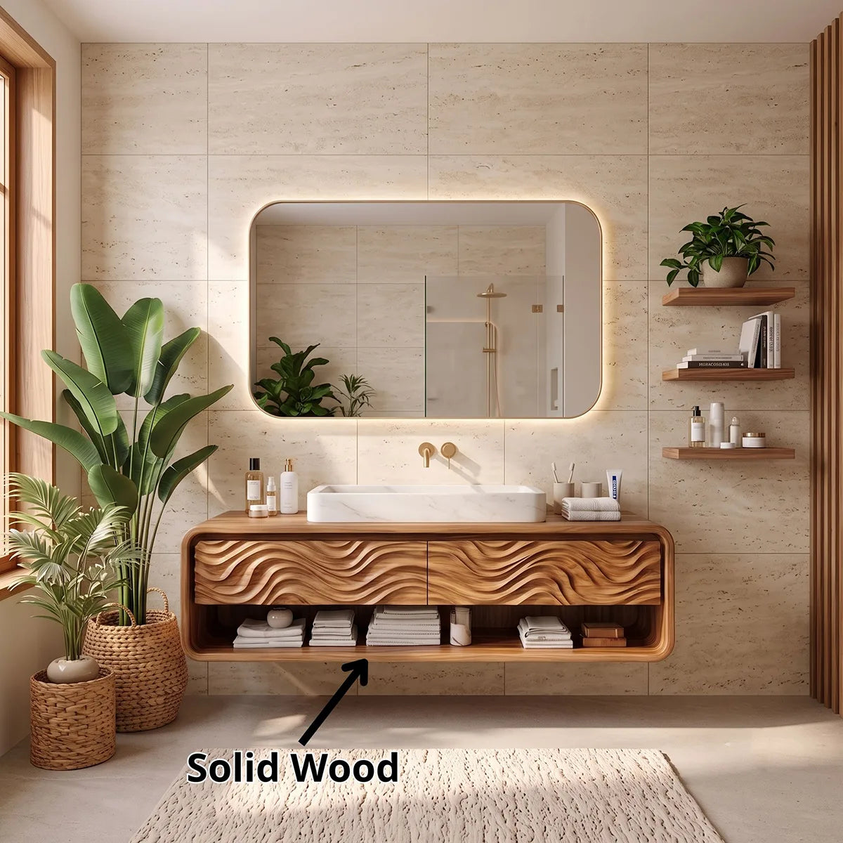 Modern Floating Bathroom Vanity with Drawers & Open Shelf | Wall-Mounted Vanity with Rounded Waterfall Design TH003-4NBY6SF