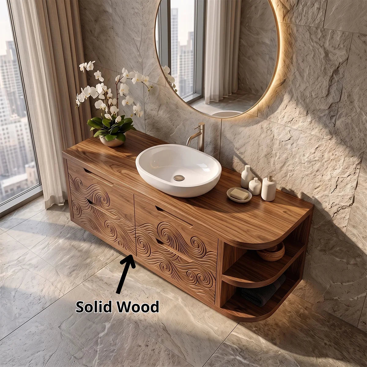 Floating Bathroom Vanity with Carved Wave Drawers & Curved Open Shelves | Modern Wall Mounted Vanity