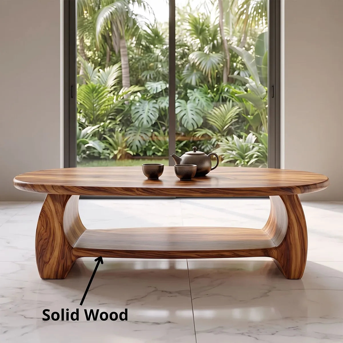 Modern Oval Coffee Table with Open Shelf | Sculptural Wood Center Table for Contemporary Living Room TH003-2398