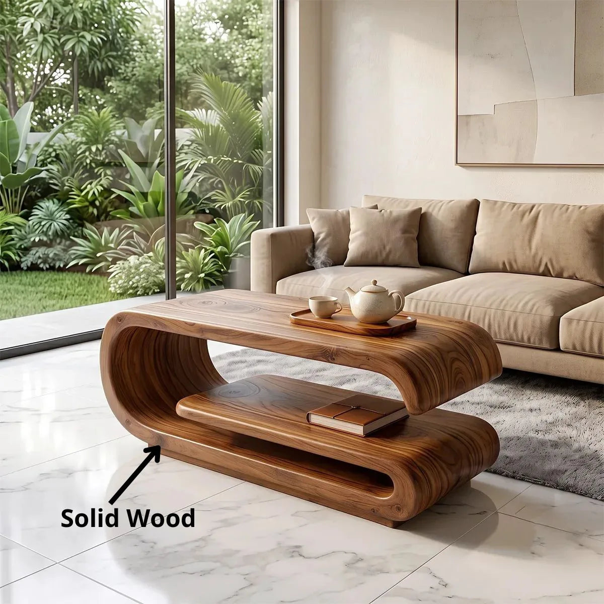 Modern Waterfall Coffee Table with Open Shelf | Contemporary Curved Center Table for Living Room TH003-6318