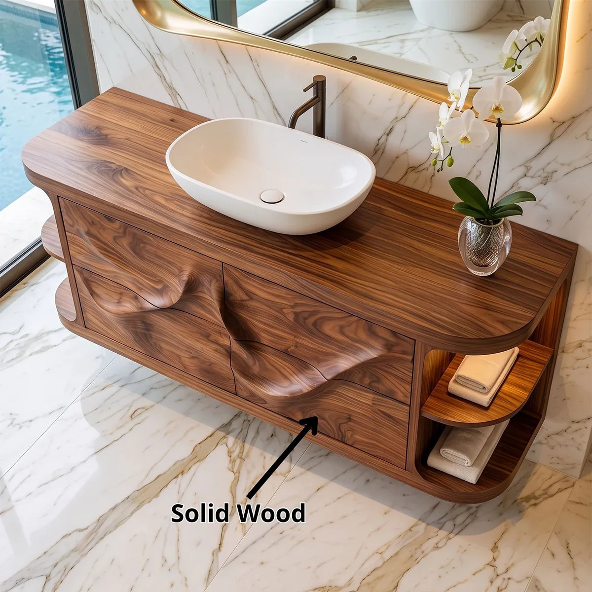 Sculptural Floating Bathroom Vanity with Artistic Wave Front & Open Side Shelves