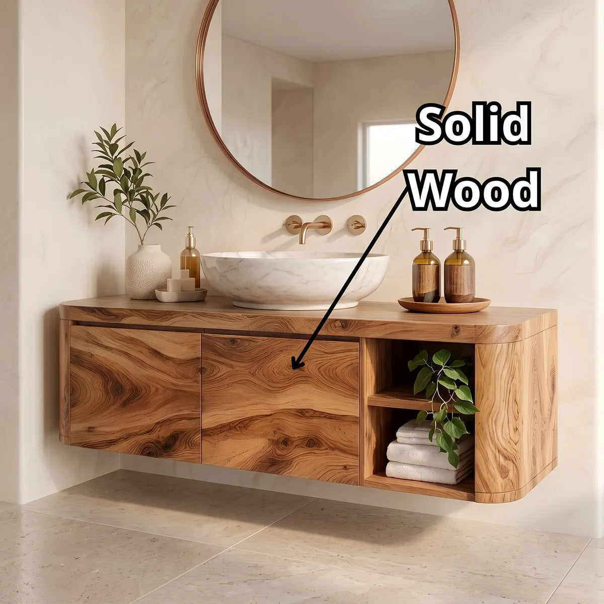 Floating Solid Wood Bathroom Vanity | Wall Mounted Single Sink Vanity with 2 Hinged Cabinets & Open Shelf TT006-6DFI9SI