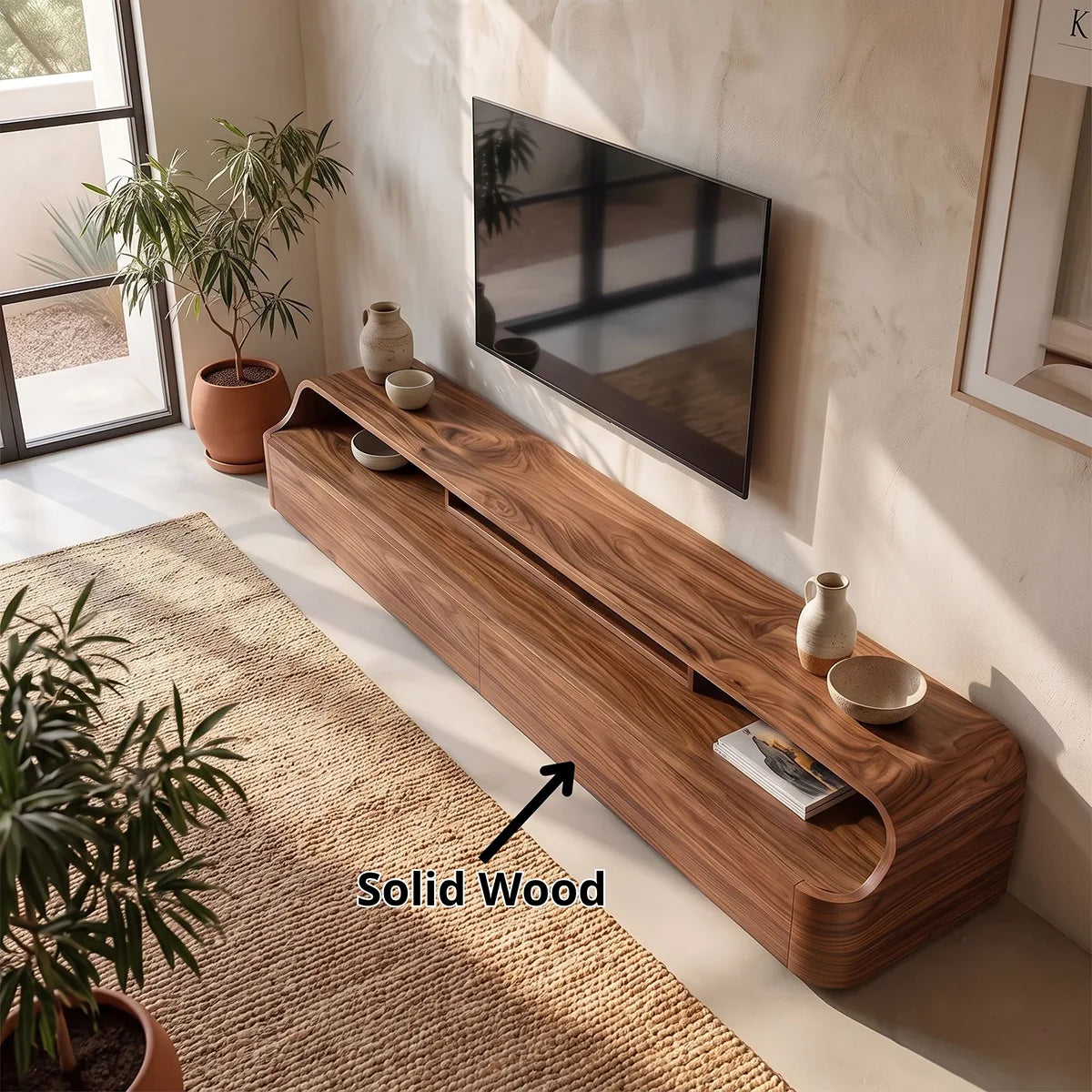 Modern Low Profile TV Stand with 2 Drawers & Open Media Shelves