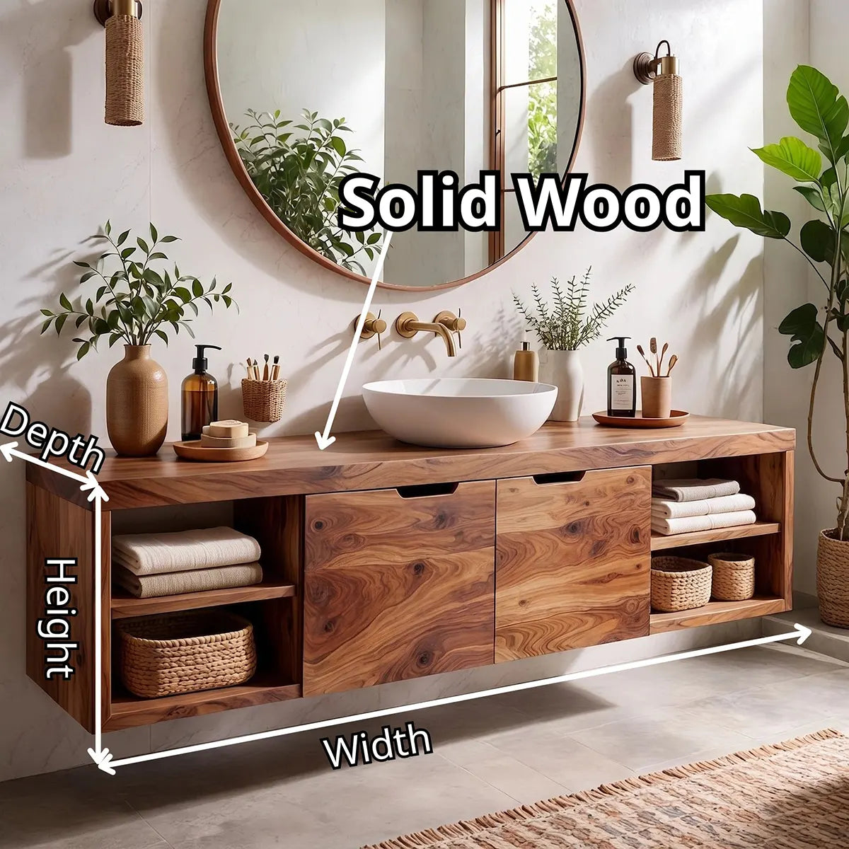 Floating Solid Wood Bathroom Vanity | Wall Mounted Single Sink Vanity with Double-Door Cabinet & Open Shelves TT006-9KLL6LF