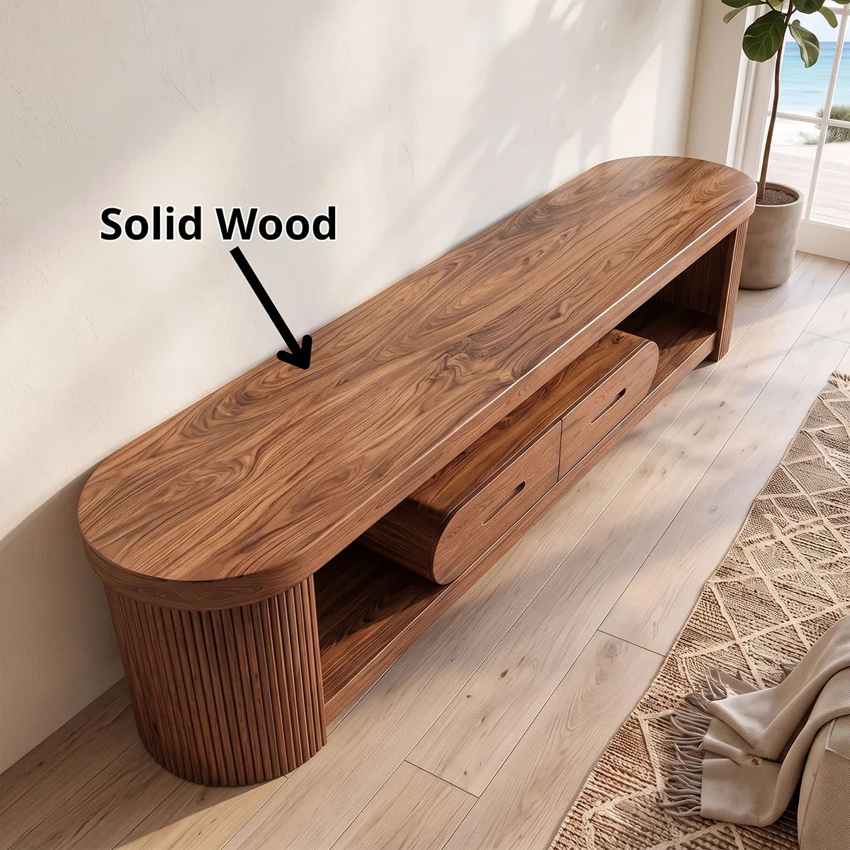 Modern Fluted TV Stand with 2 Drawers & Open Storage | Sculptural Low Profile Media Console